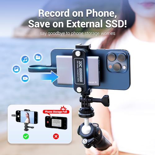 JJC SSD Holder Bracket for Samsung T5 T7 T9, Phone Tripod Mount with Clip for Apple iPhone 13 14 15 16, Samsung Smartphone, Cold Shoe Mount for Vlog Vlogging