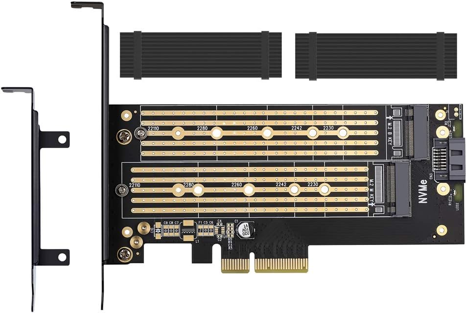 Dual M.2 PCIe Adapter for NVMe and SATA SSDs with Heat Sink Support