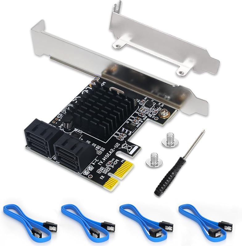 4-Port SATA III 6Gbps PCIe Expansion Card with Cables and Low Profile 