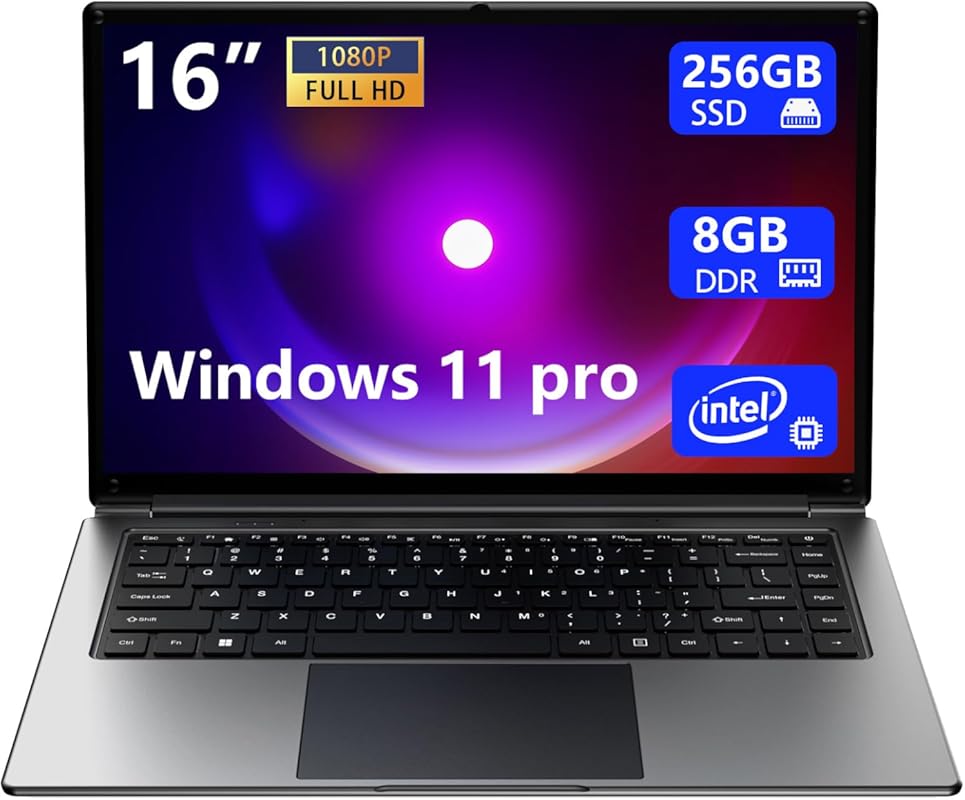 16-inch portable laptop with 8GB RAM, 256GB SSD, expandable to 1TB, Pe