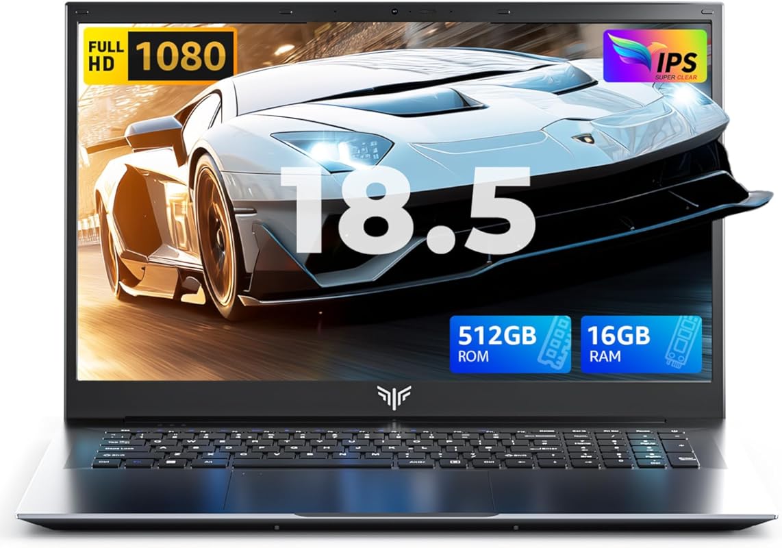 18.5-inch laptop with 16GB RAM, 512GB NVMe SSD, Intel N150 processor, 